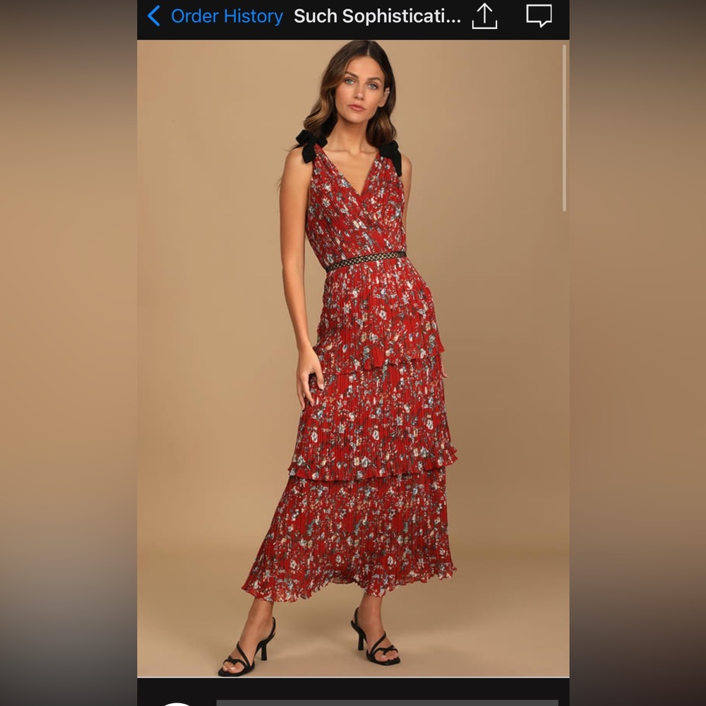 LULUS Such Sophistication Rust Red Floral Print Pleated Maxi Dress